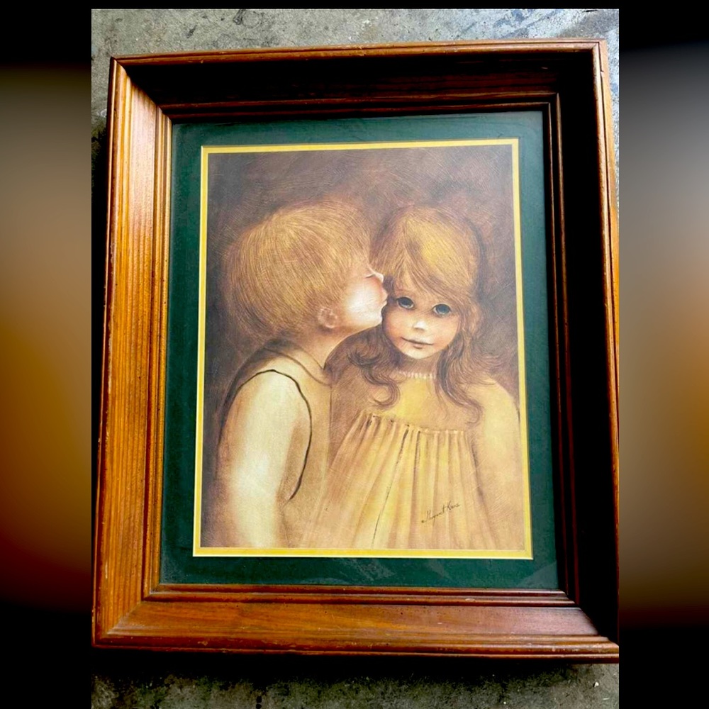 A Little Kiss Nicely Framed Print by Margaret Kane Boy Kissing Girl MCM Big Eyes